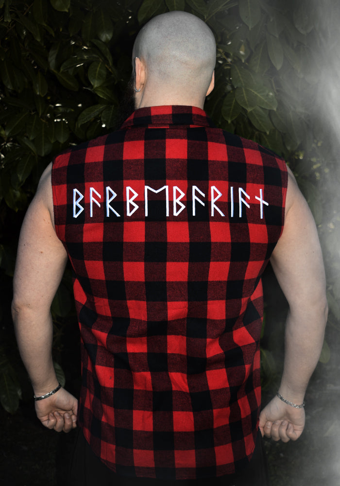 Chemise Sans Manches à Carreaux Noire & Rouge Recto-Verso BARBEBARIAN ÉDITION RUNES