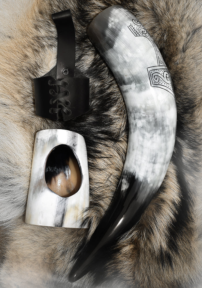 Corne à Boire gravée Viking THOR 50 cl + Supports (Corne et Cuir)