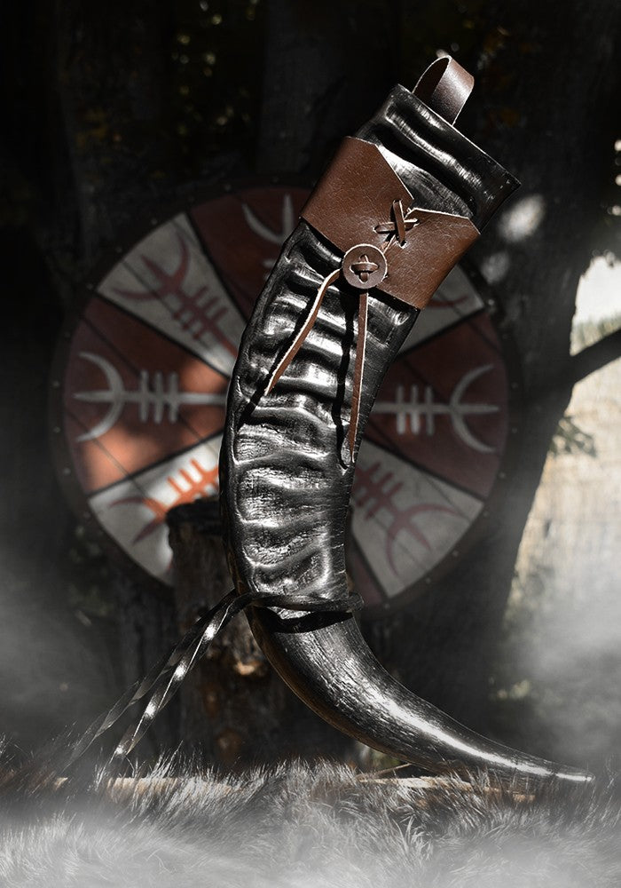 Corne de Buffle à Boire Viking 50 CL + Supports (Métal et Cuir)