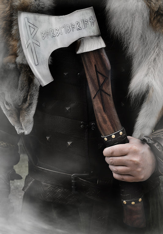 Hache Viking BARBEBARIAN - RAGNARÖK + Étui Noir en Cuir BIND RUNE BARBEBARIAN